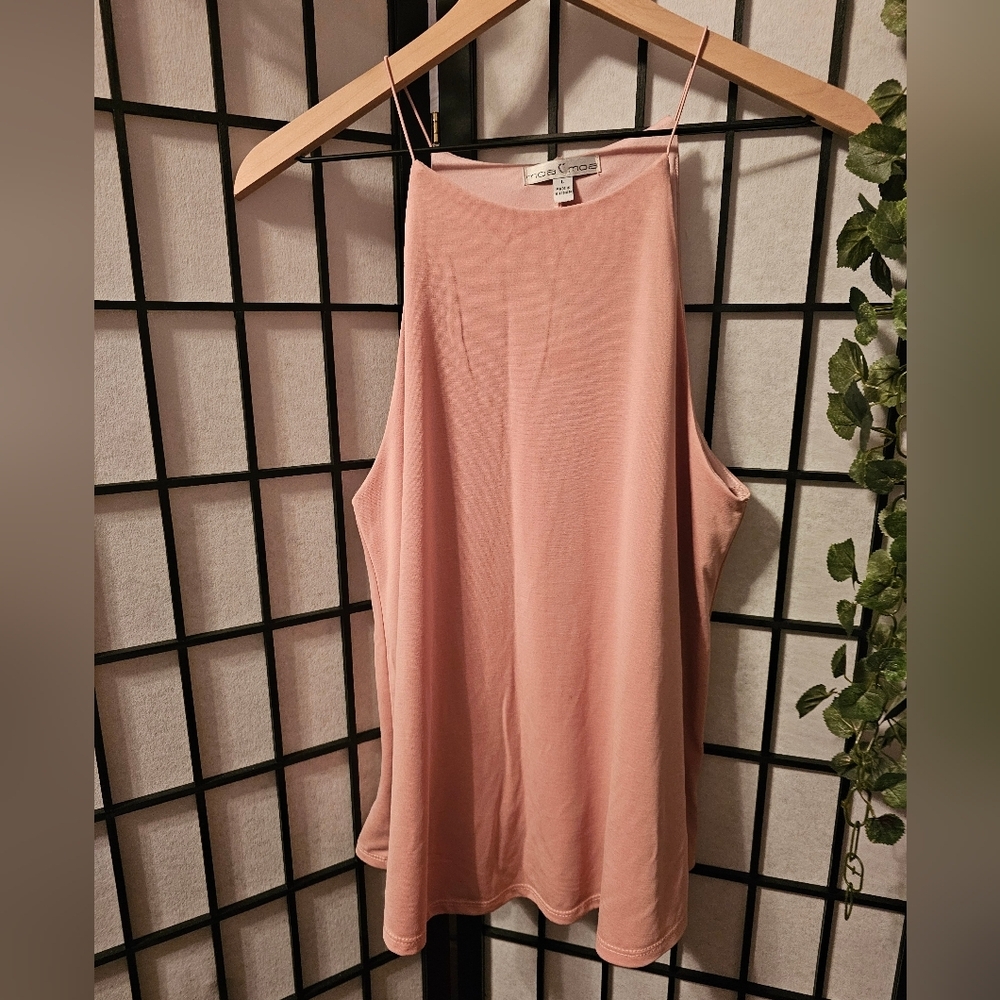 Pink Sleeveless Tank Top with‎ High Neck and Relaxed Fit